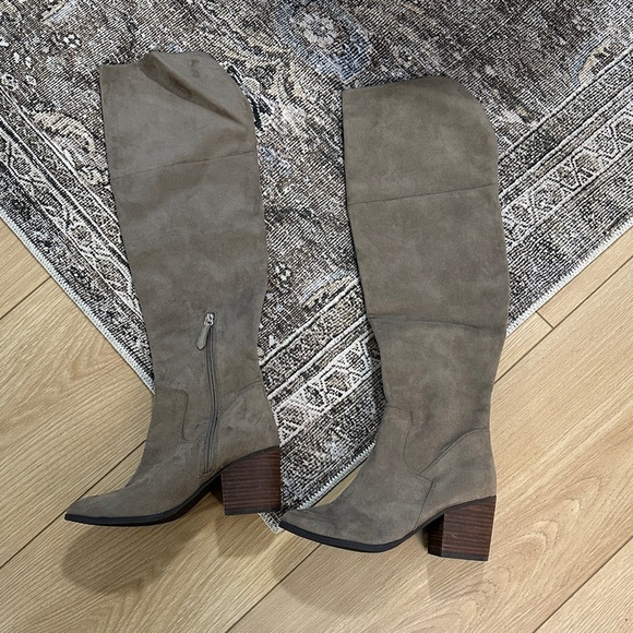 Shoes - Women's Taupe Suede Knee-High Block Heel Boots